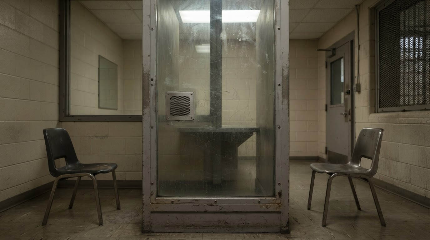 A worn glass partition in a prison visitation room, a single empty chair on each side (AI-generated image)