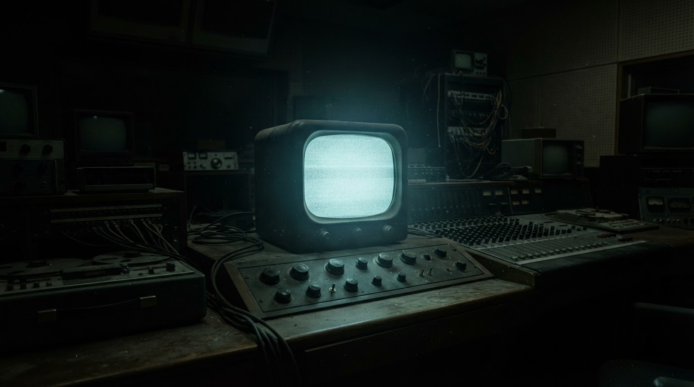 옛날 브라운관 TV 뉴스 스튜디오처럼, 빈 화면이 어둠 속에서 희미하게 빛난다 (AI 생성 이미지)