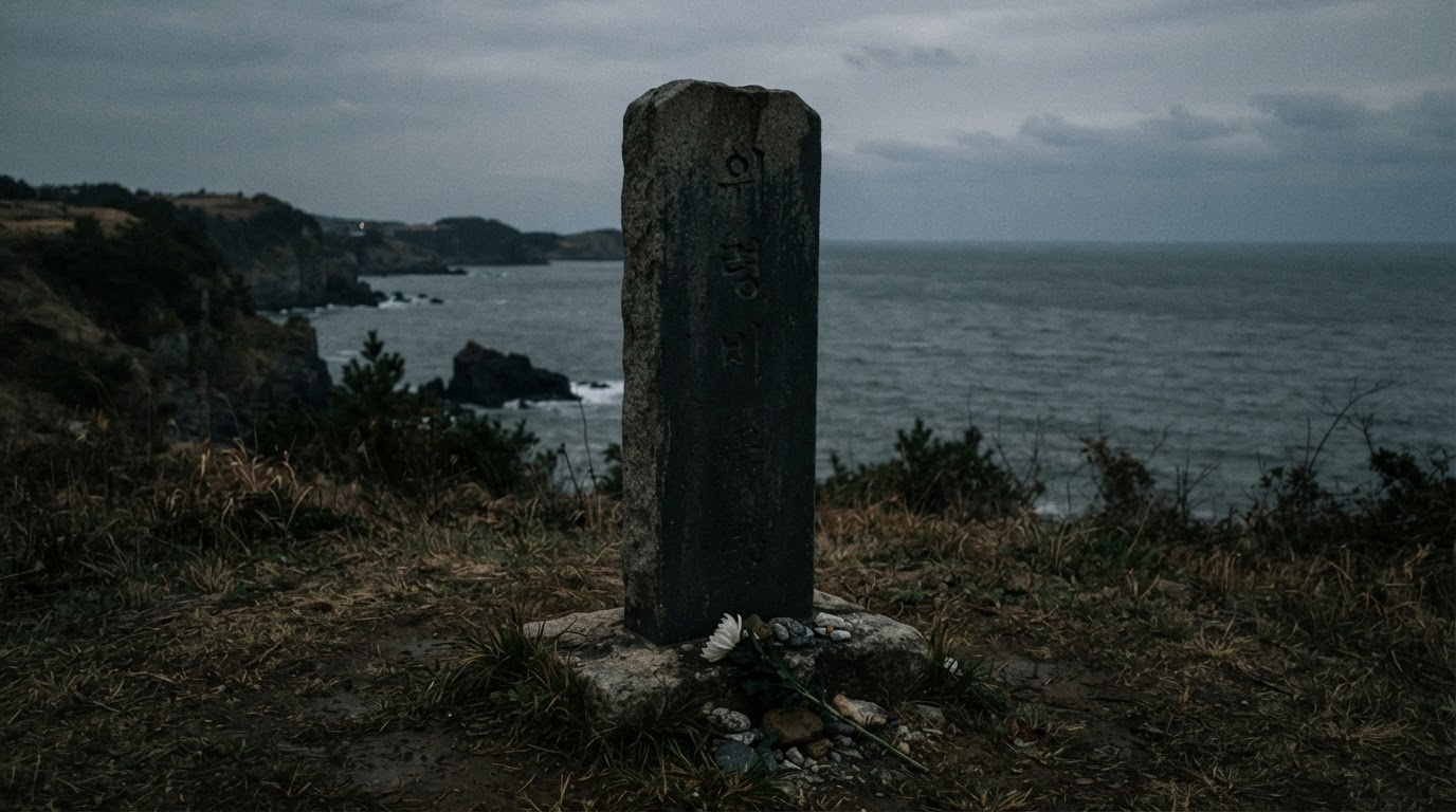 위령비의 실루엣, 비문은 보이지 않고, 그 앞에 국화 한 송이가 놓여 있다 (AI 생성 이미지)