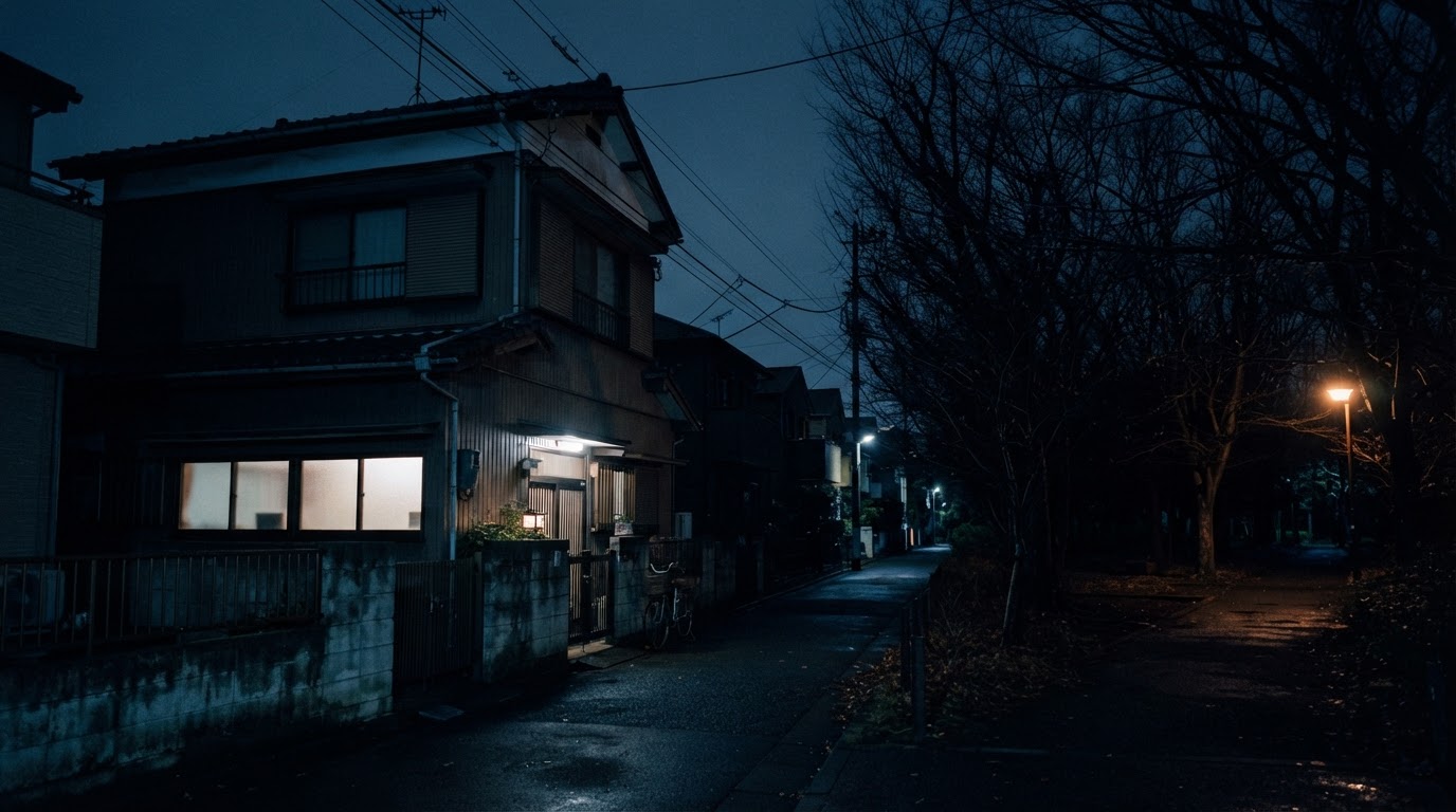A quiet two-story suburban house standing alone at night beside a dark winter park, faint streetlight, bare trees, cold blue tones, dark documentary photography (AI-generated image)
