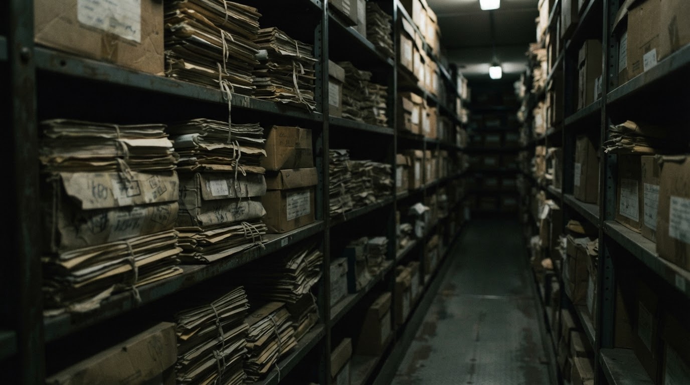 Stacks of aging case files and document boxes in a dim archive room, muted light, rows of shelves fading into shadow, somber documentary tone, photorealistic, no readable text on any file (AI-generated image)