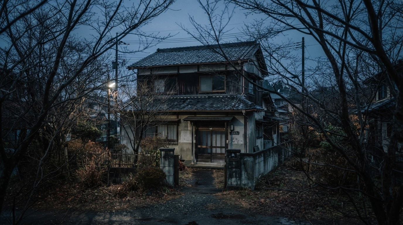 A lone two-story house seen behind bare winter trees at dusk, dim fading light, empty and still, somber and cold, dark documentary photography, photorealistic, no people, no text (AI-generated image)