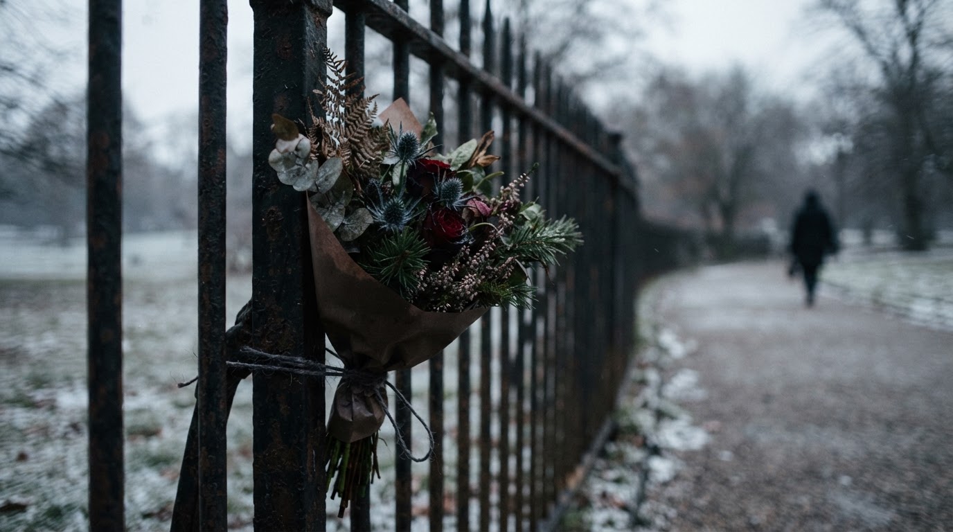 A small bouquet of memorial flowers tied to a fence in cold winter light, quiet and dignified, muted tones, dark documentary photography, photorealistic, no text, no legible cards (AI-generated image)