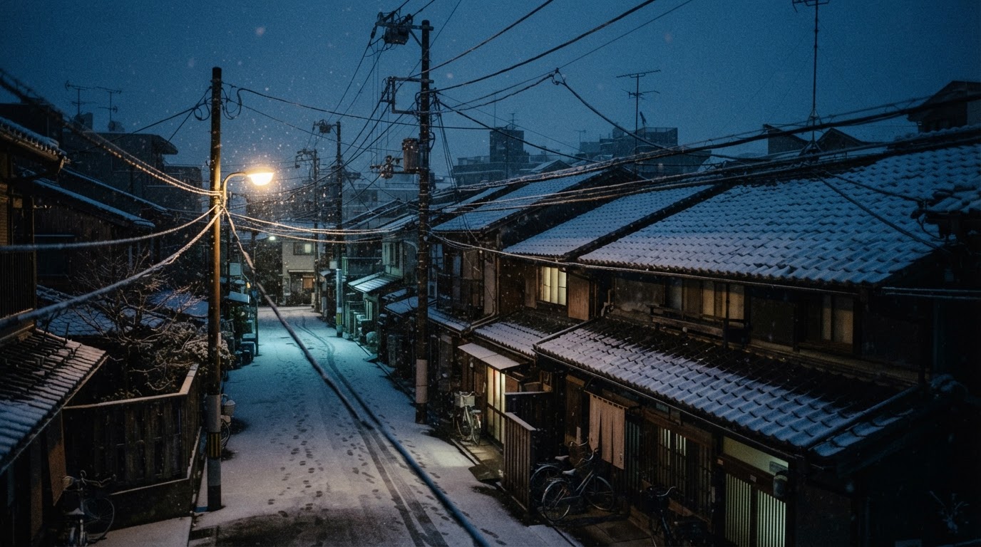 Falling snow drifting over the rooftops of a quiet residential neighborhood at night, soft streetlight, still and silent, cold blue tones, dark documentary photography, photorealistic, no text (AI-generated image)