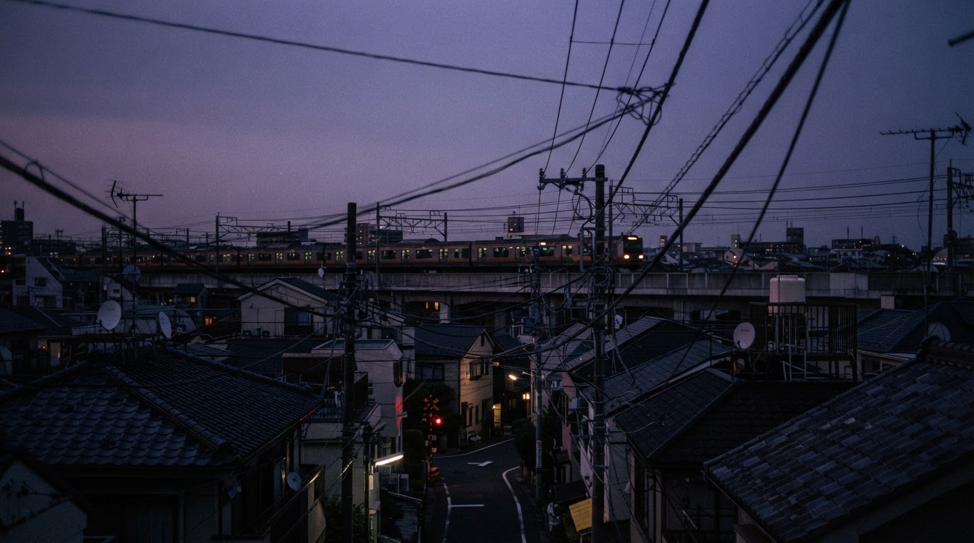 A commuter train passing in the distance at dusk beyond rooftops and power lines, dim purple sky, quiet and melancholy, dark documentary photography, photorealistic, no text, no legible signs (AI-generated image)