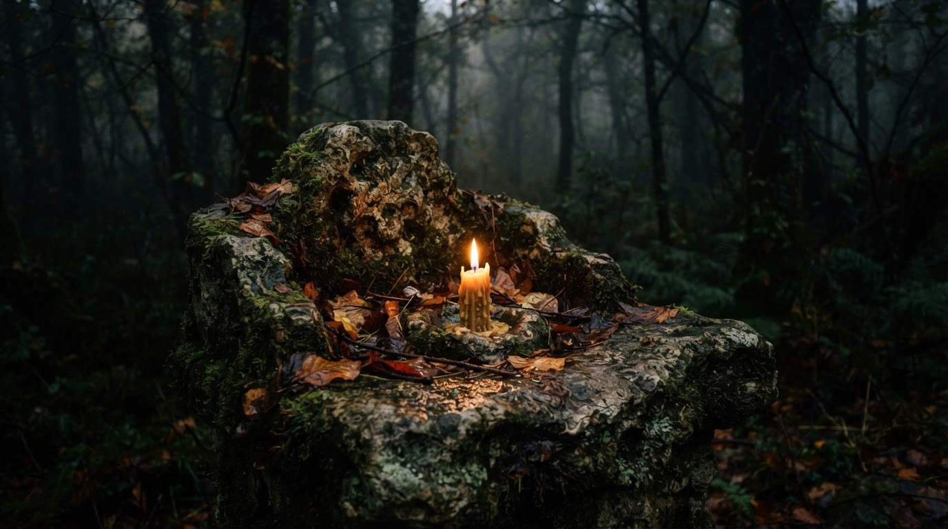 A single lit candle at a small shrine in the dark, gentle flame, quiet reverent stillness, soft glow against deep shadow, dark documentary photography, photorealistic, no text (AI-generated image)