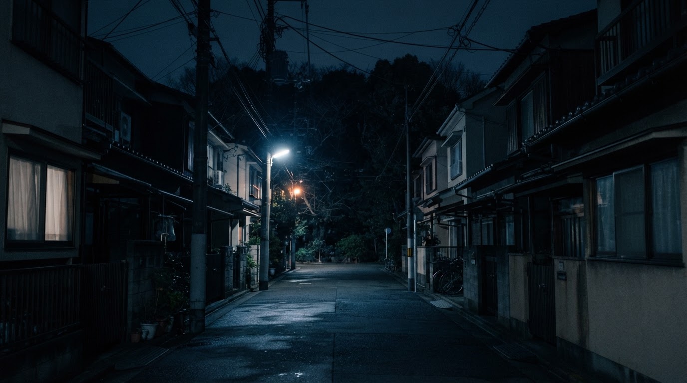 A quiet residential Tokyo side street at night in winter, low houses, a dark park visible at the end, cold empty atmosphere, no people, dark documentary style, photorealistic, no text, no legible signs (AI-generated image)