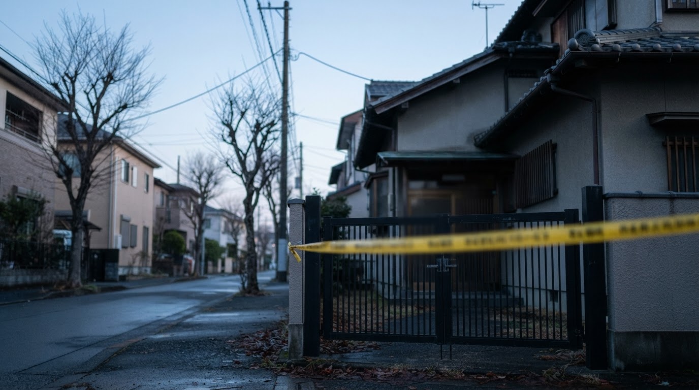 Winter police tape stretched across a residential gate at dawn, blue morning light, bare trees, empty street, somber documentary tone, photorealistic, no readable text, no people (AI-generated image)