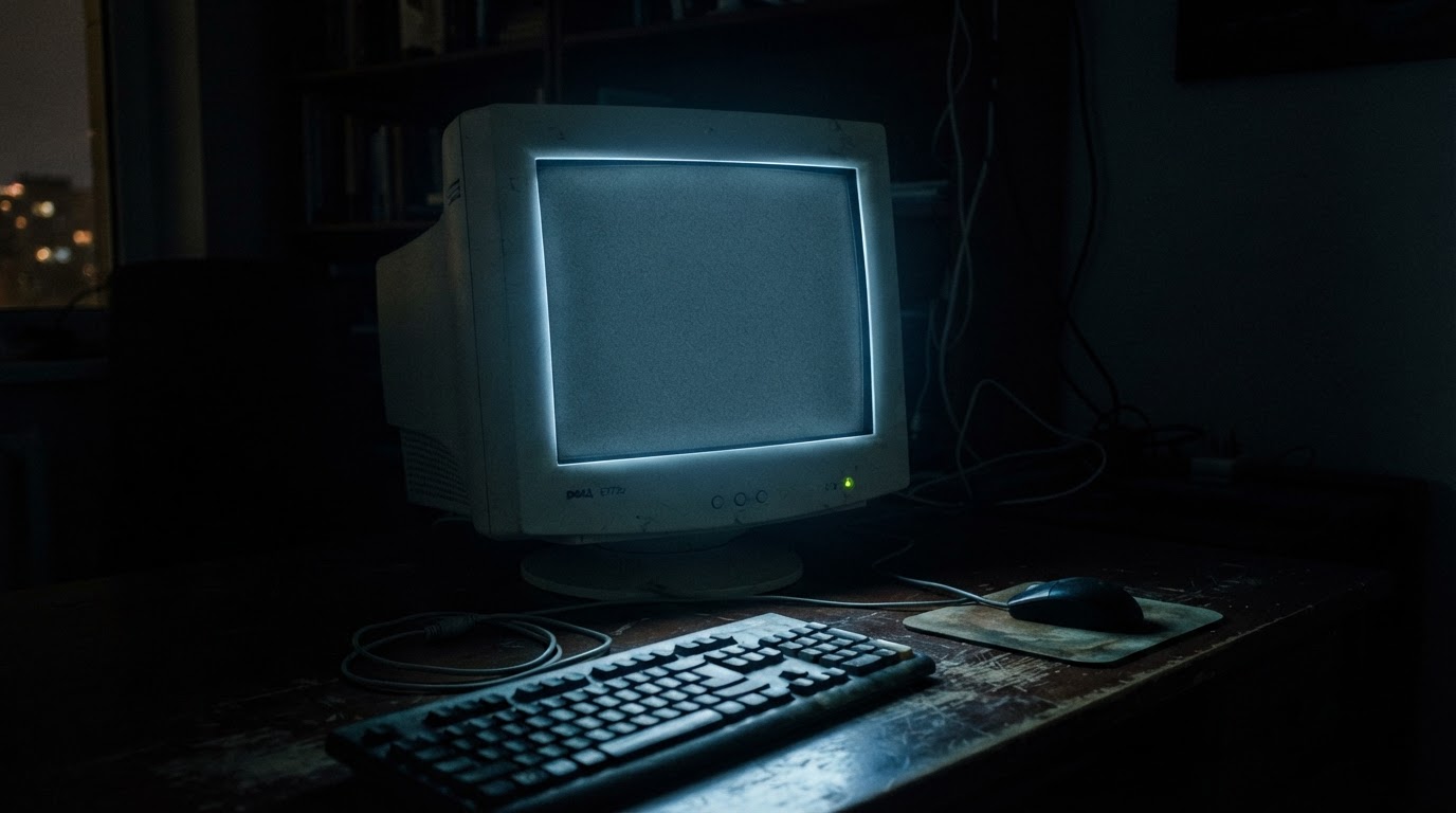 An old computer monitor glowing faintly in a dark room at night, blank screen, no text, cold blue light spilling onto a desk, eerie stillness, dark documentary photography, photorealistic (AI-generated image)