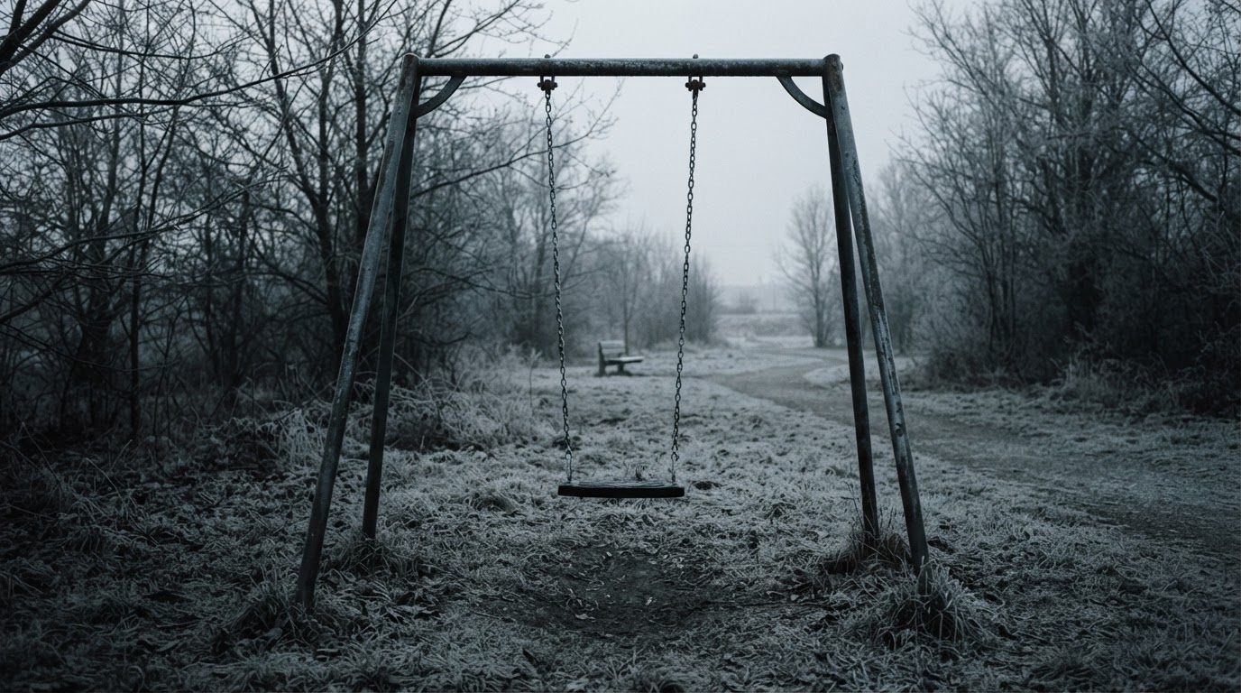 An empty child's swing in a deserted winter park at dawn, frost on the ground, bare trees, still and cold, muted colors, dark documentary style, photorealistic, no people, no text (AI-generated image)