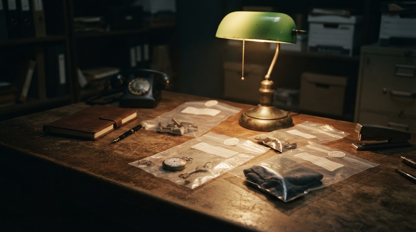 A detective's wooden desk in dim light with several sealed clear evidence bags, no readable labels, a single desk lamp, somber archival mood, photorealistic, no text, no legible writing (AI-generated image)