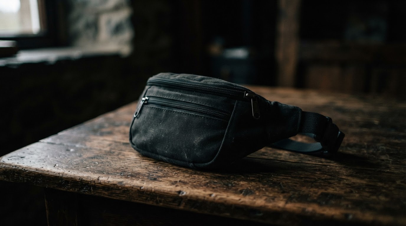 A small black hip bag resting on a bare table in dim, moody light, close and quiet, shallow focus, dark documentary photography, photorealistic, no text, no legible labels (AI-generated image)