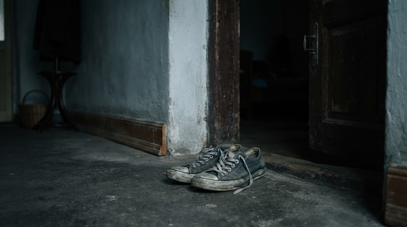 A pair of worn sneakers left neatly by a dark doorway, dim indoor light, quiet and still, cold tones, dark documentary photography, photorealistic, no text, no logos, no legible branding (AI-generated image)