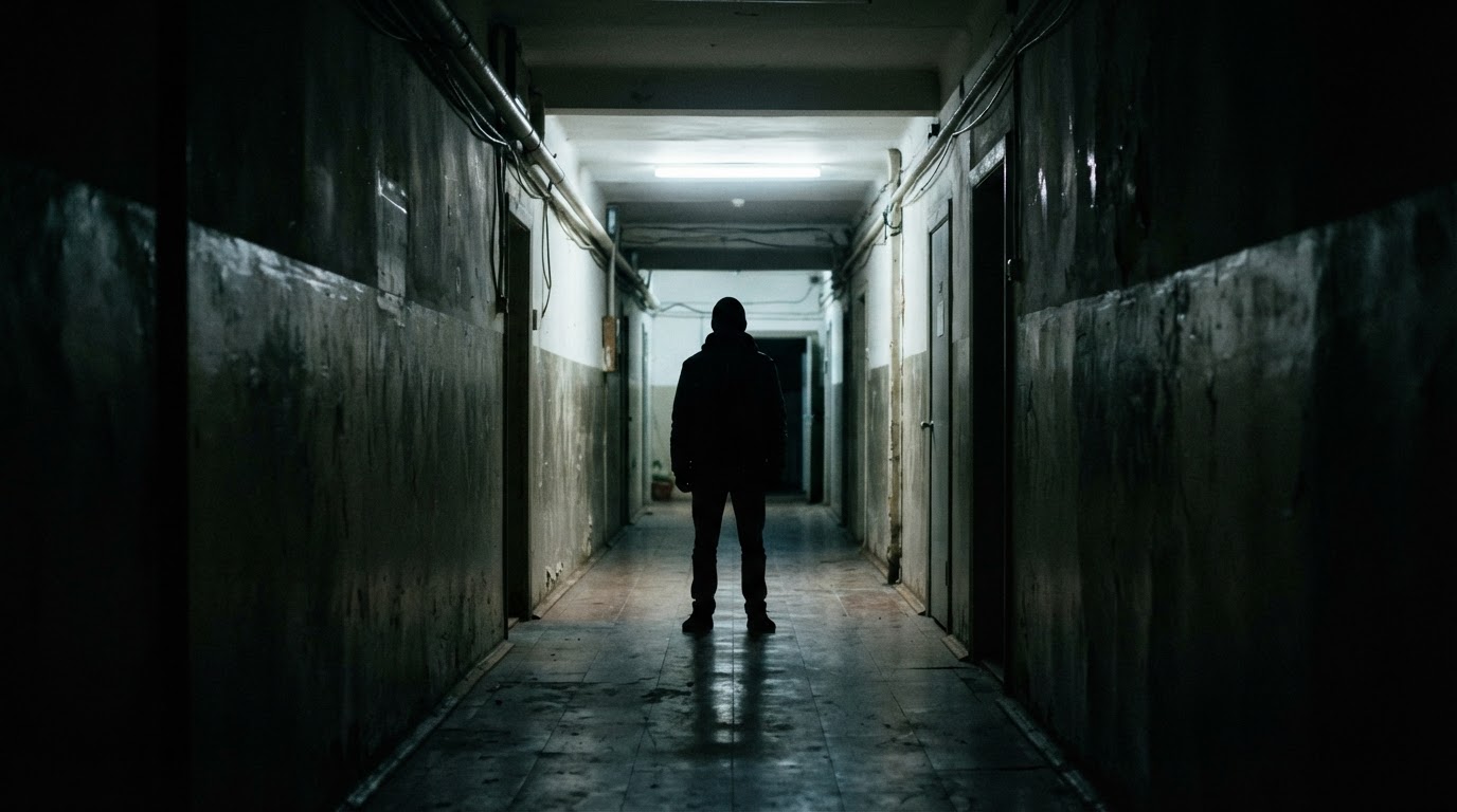 A shadowed silhouette of a lone figure standing in a dark hallway, unrecognizable, no facial features, cold dim light, tense documentary mood, photorealistic, no text (AI-generated image)