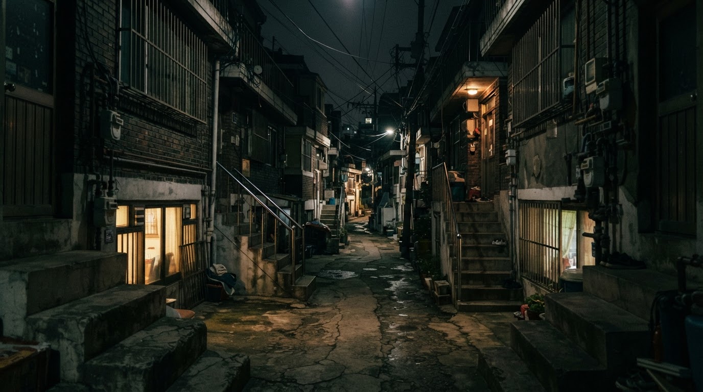 밤의 서울 신정동 주택가 골목, 반지하 창문과 좁은 계단이 늘어선 어두운 거리 (AI 생성 이미지)