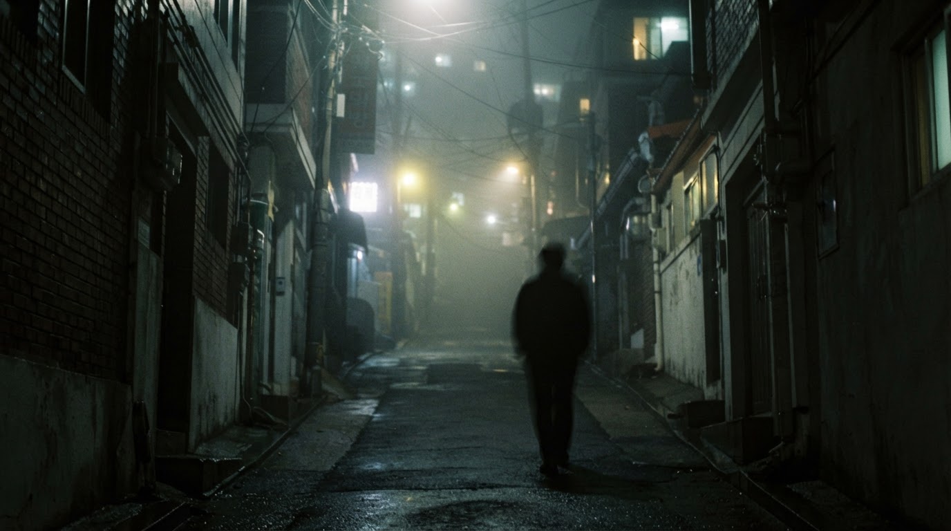 밤안개 속으로 사라지는 한 사람의 흐릿한 실루엣, 서울 주택가 골목 (몽타주 아님, 신원 식별 불가, AI 생성 이미지)