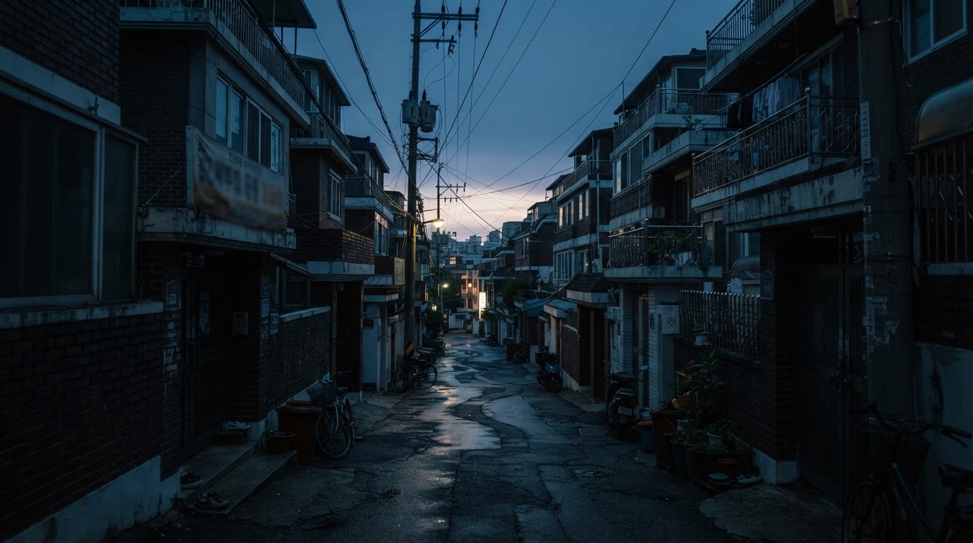 새벽녘 서울 신정동 주택가 골목에 스미는 희미한 빛, 조용한 거리 (AI 생성 이미지)