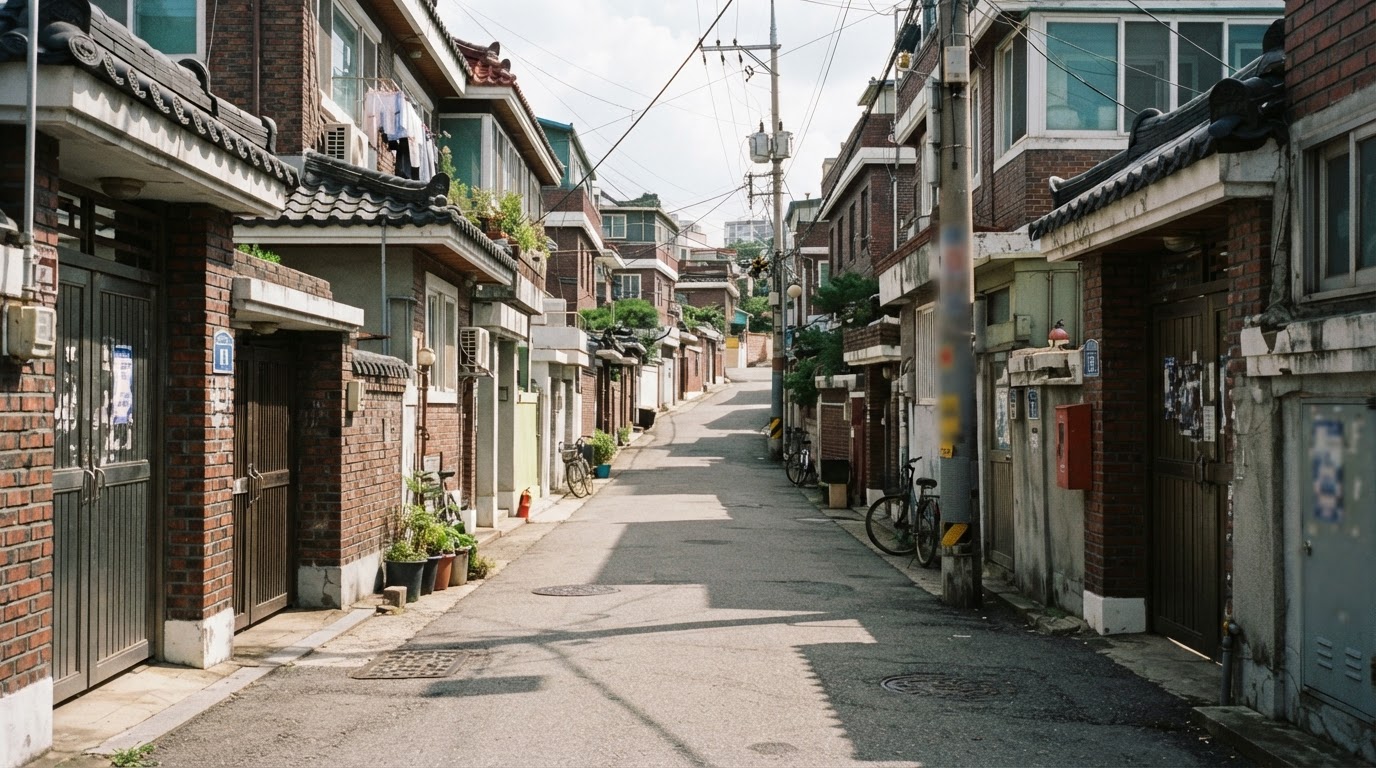 공휴일 낮, 인적이 끊긴 서울 주택가의 텅 빈 골목 (AI 생성 이미지)