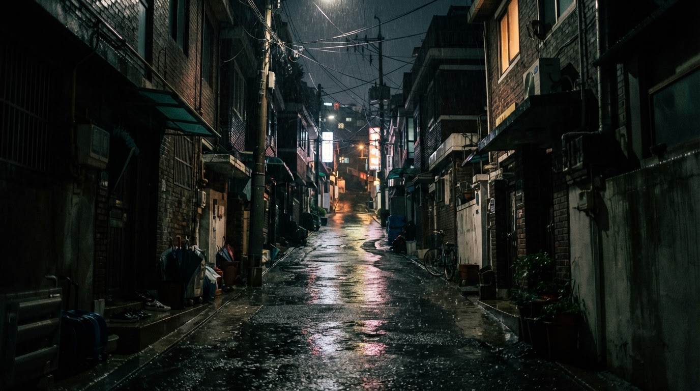 비 내리는 밤, 인적 없는 서울 주택가의 좁은 골목과 젖은 아스팔트 (AI 생성 이미지)