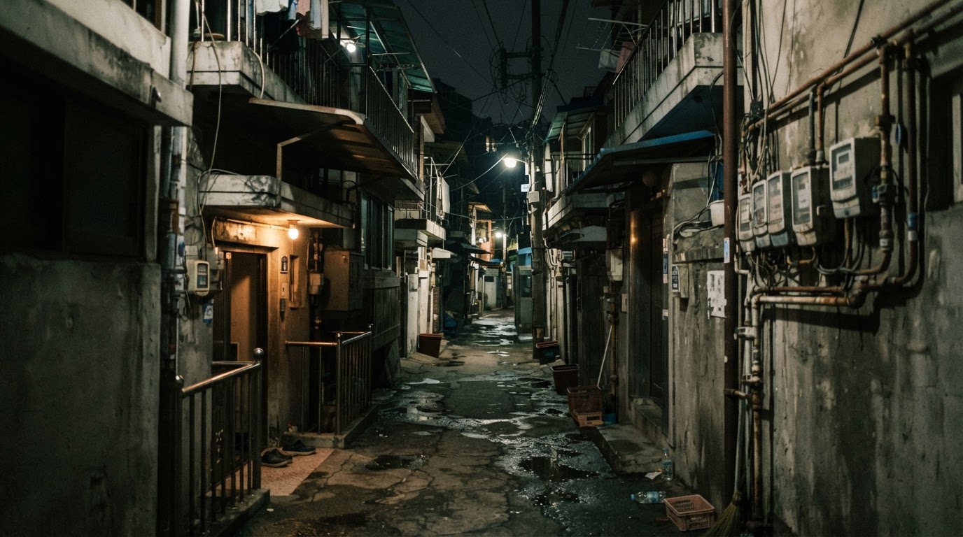 어둠에 잠긴 좁은 골목 끝, 흐릿하게 켜진 가로등 하나 (AI 생성 이미지)