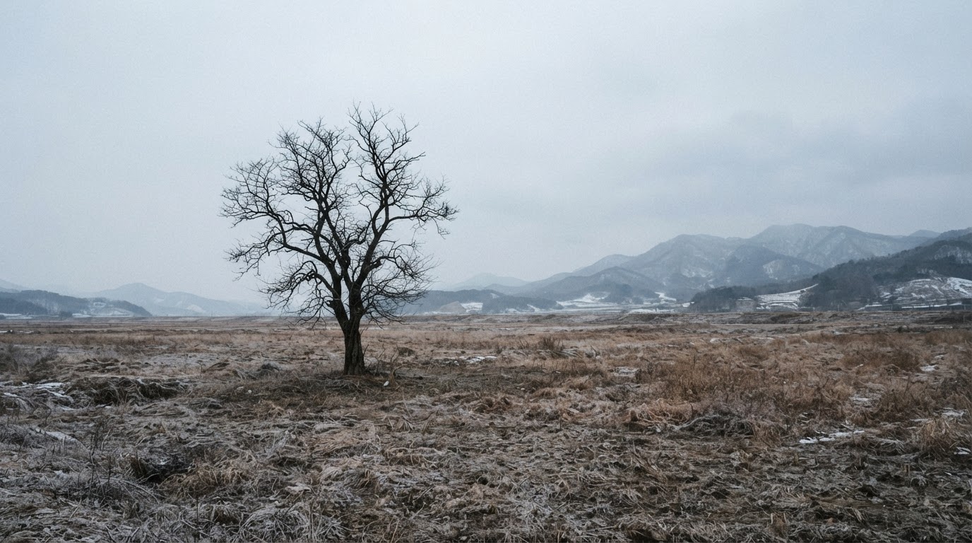 冷たい冬空の下にぽつんと立つ、葉の落ちた一本の木。広くがらんとした野原 (AI生成画像)