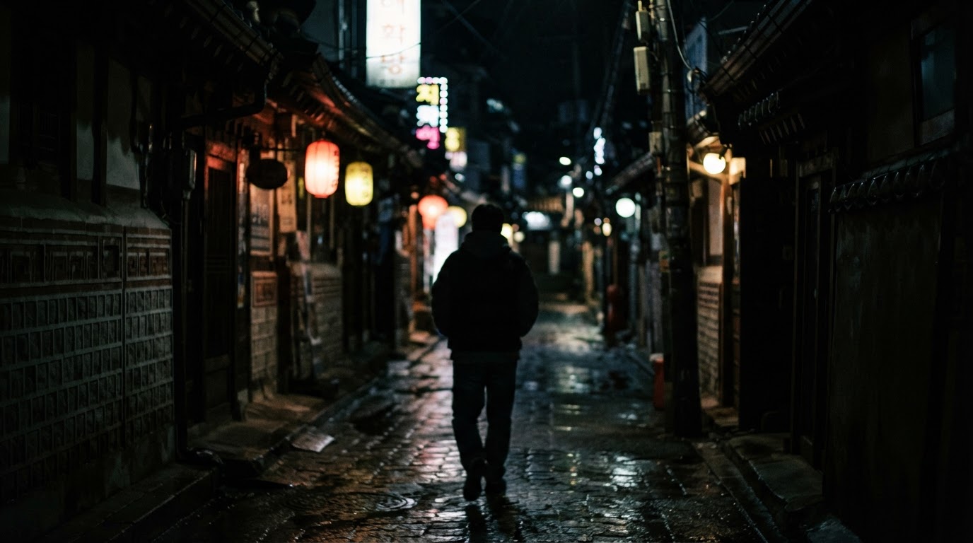 闇の中へ遠ざかっていく一つのぼんやりしたシルエット。身元の分からない冬の夜の後ろ姿 (似顔絵ではなく、身元の識別は不可、AI生成画像)
