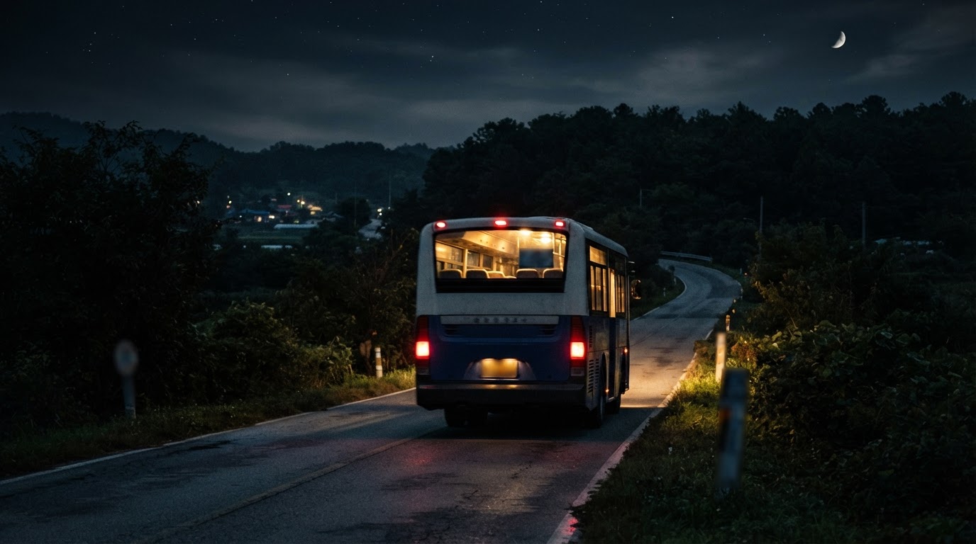 誰もいない田舎道を走り去る、その夜最後の市内バスの後ろ姿。車窓から漏れる黄色い車内灯 (AI生成画像)