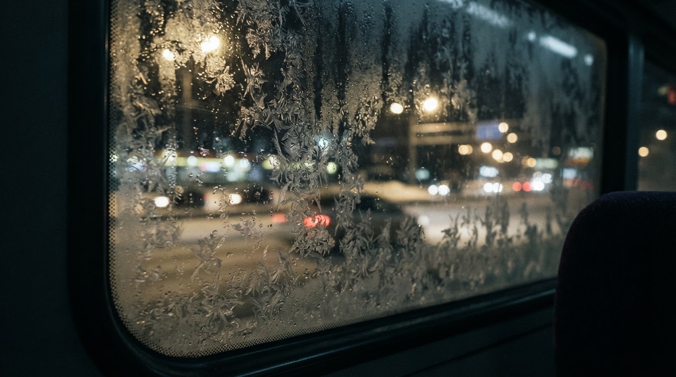 窓に張った霜の向こうに、ぼんやりとにじむ冬の夜道の光 (AI生成画像)
