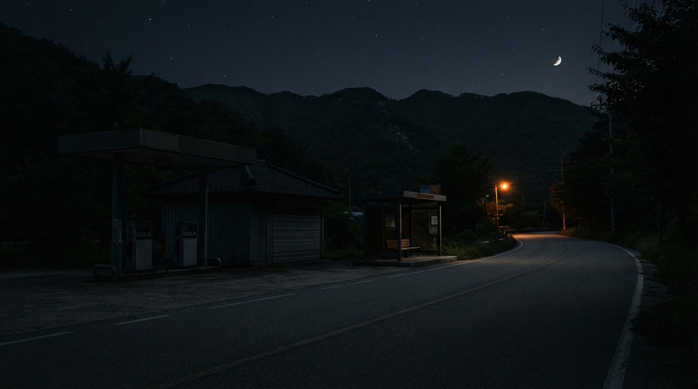 夜の田舎の停留所のそば、灯りの消えたガソリンスタンドのぼんやりとしたシルエット (AI生成画像)