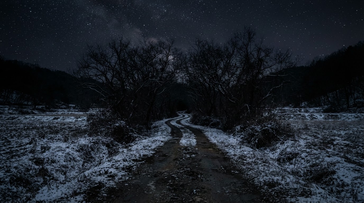 雪の積もった冬の田畑のあいだを通る細い田舎道、街灯ひとつない真っ暗な夜の風景 (AI生成画像)