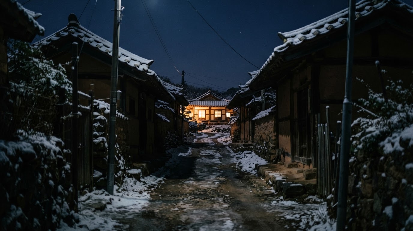 冬の夜の路地の入り口、灯りのついた一軒の家と、その前から続く暗い道 (AI生成画像)