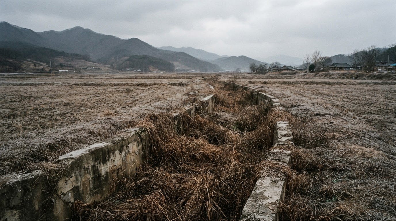 枯れ草に覆われた古いコンクリートの排水路、人けのない冬の野原 (AI生成画像)