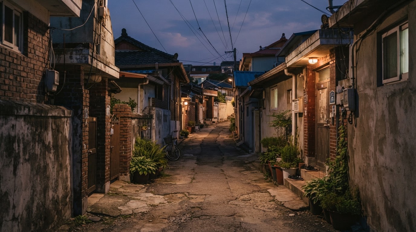 夕暮れの大邱の古い住宅街の路地、低い塀と細い道が静かに続く(AI生成画像)