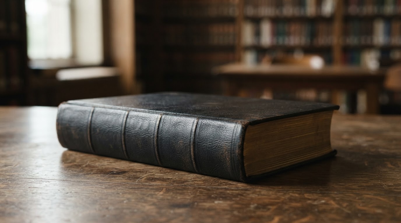 一冊の分厚い法律書が閉じて置かれ、表紙に文字はない(判読可能な文字なし、AI生成画像)