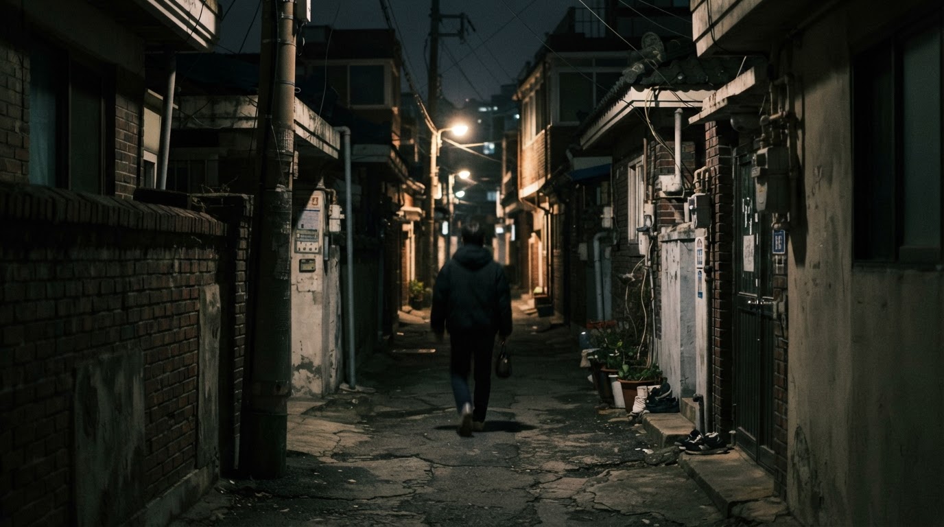 路地の奥へと消えていく一人のぼやけた後ろ姿のシルエット(モンタージュではなく、身元は識別不能、AI生成画像)