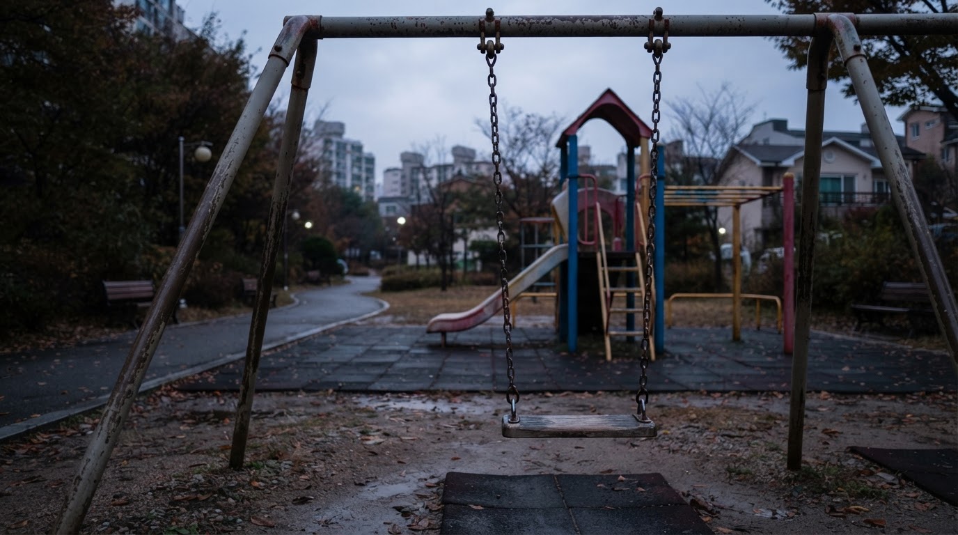 子どもが去ったあとの誰もいない公園、動かずに垂れ下がった一つのブランコ(AI生成画像)