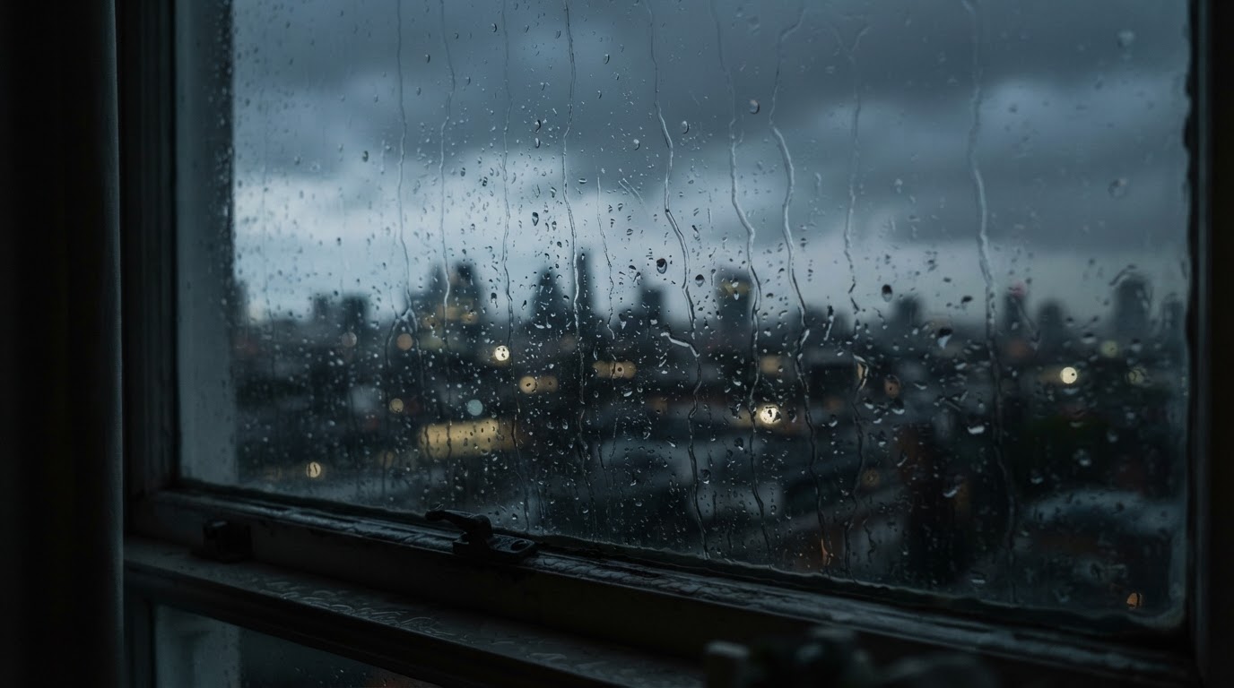 窓ガラスを伝い落ちる雨粒、曇り空とその向こうの街のシルエット(AI生成画像)