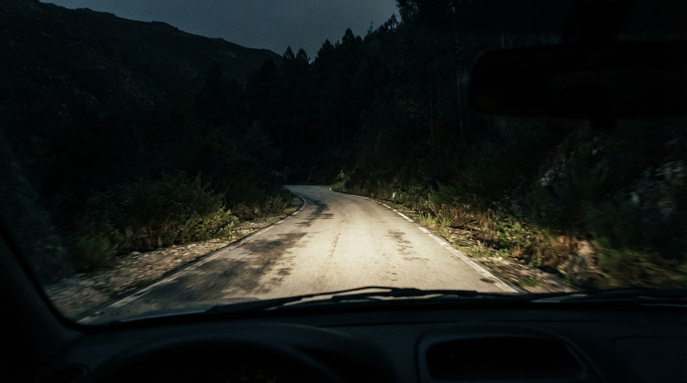 只由車頭燈光束照亮的夜間蜿蜒葡萄牙山路,濃密黑暗的森林逼到路肩(AI生成圖像)