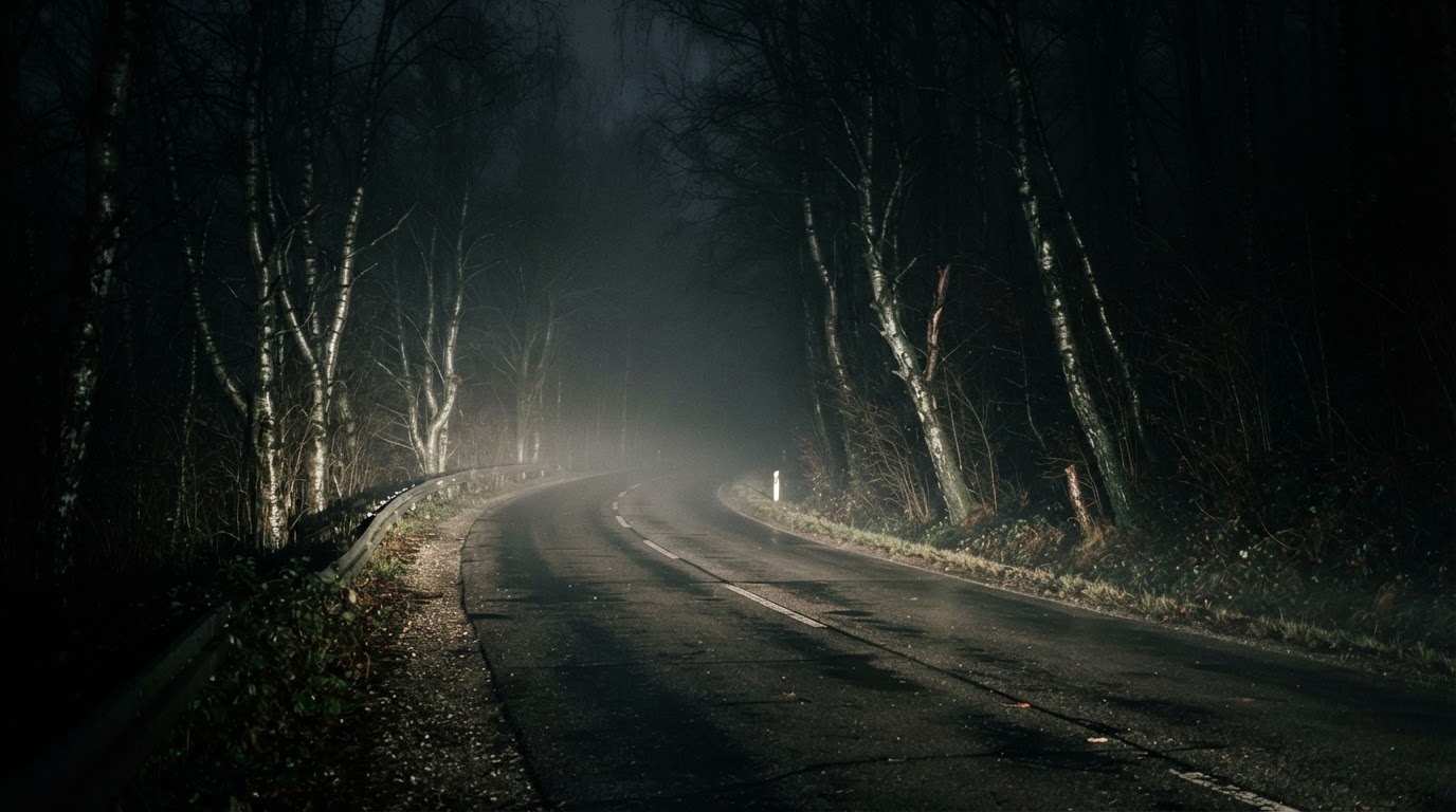 薄霧中路肩的茂密森林,車頭燈光掠過樹幹,道路彎向黑暗中消失(AI生成圖像)