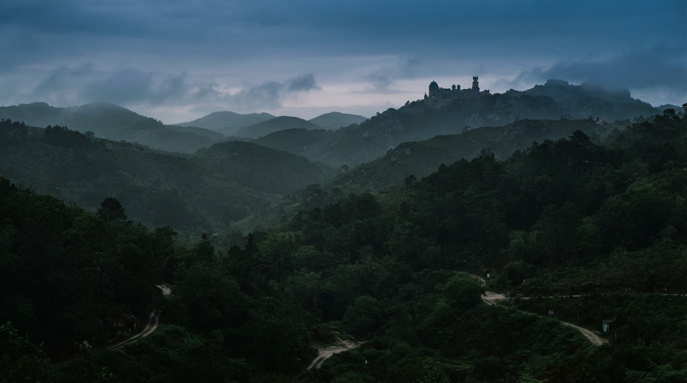 黃昏時分霧氣籠罩的辛特拉風丘陵,遠處山脊上有一座宮殿的剪影,下方是森林(AI生成圖像)