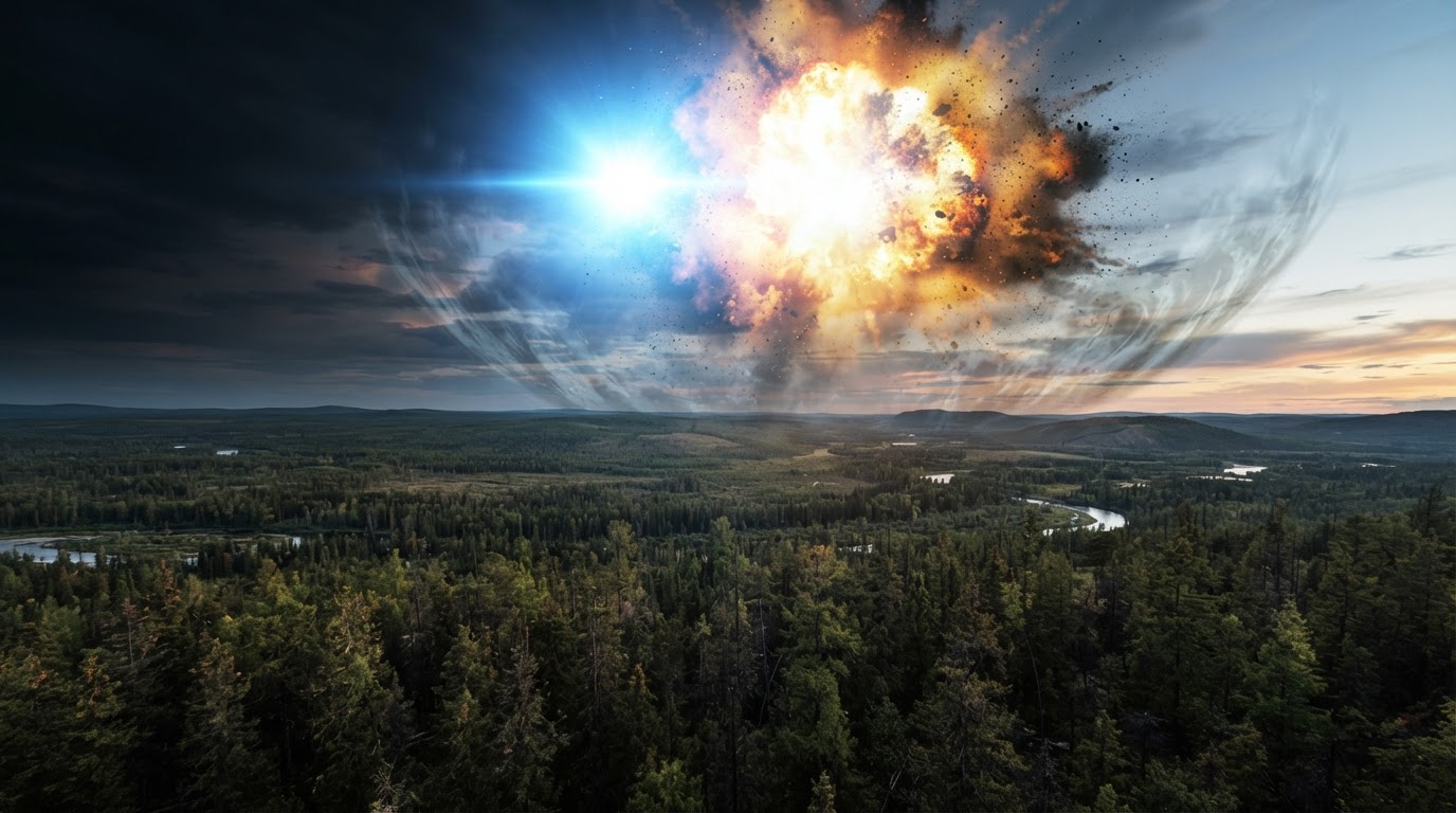 シベリア上空で爆発する巨大な火球と閃光 (AI生成画像)
