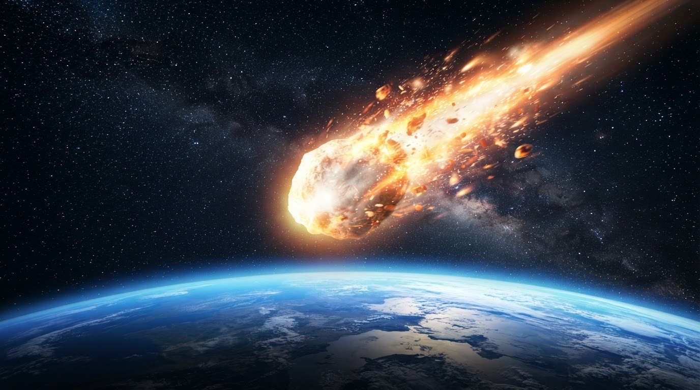 大気圏に突入し、高温で燃えながら砕ける小惑星の想像図 (AI生成画像)