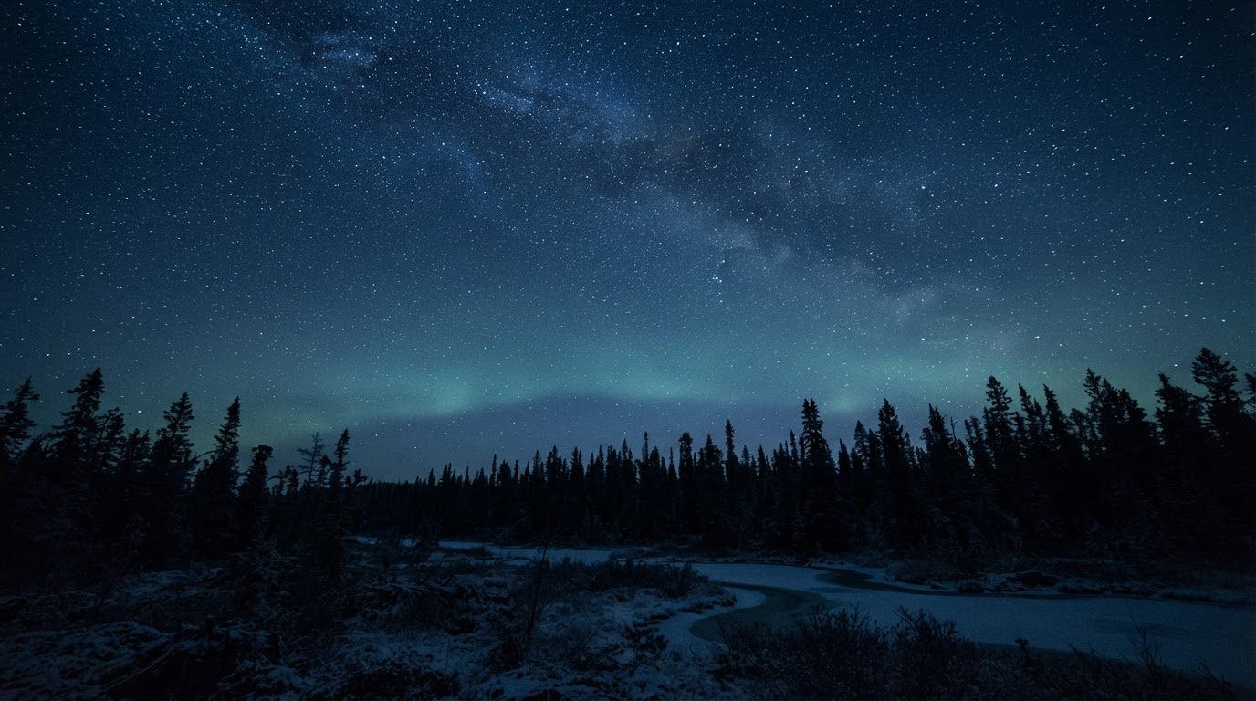 静かに星が輝くシベリアの夜空と、地平線の暗い森 (AI生成画像)