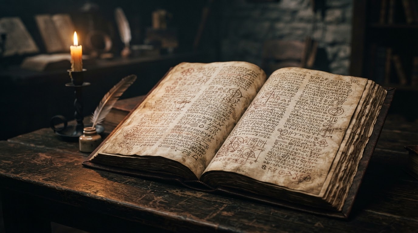 An old vellum manuscript covered in unreadable symbols, lying open (AI-generated image)