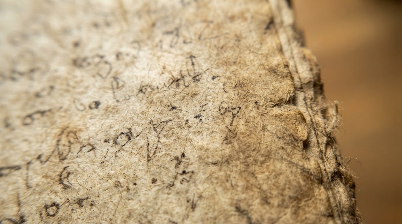 A close-up of aged vellum texture, dated by radiocarbon to the early 15th century (AI-generated image)
