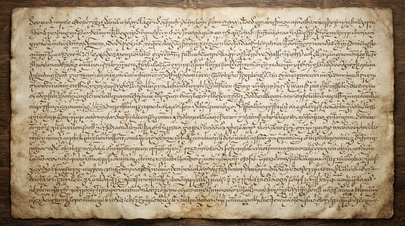 A manuscript page where unknown, invented symbols flow densely from left to right (AI-generated image)