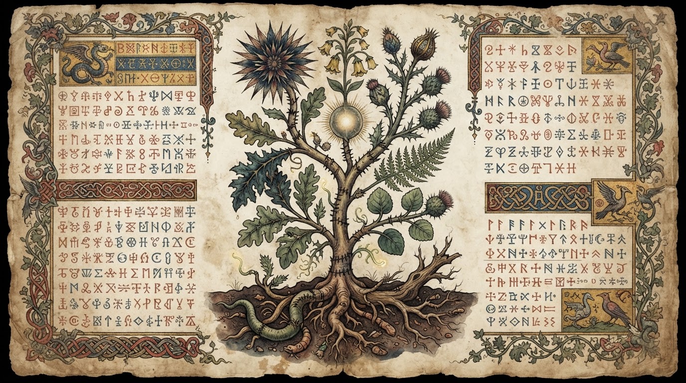 A medieval manuscript page with an invented, impossible herbal plant that looks stitched together from several species (AI-generated image)