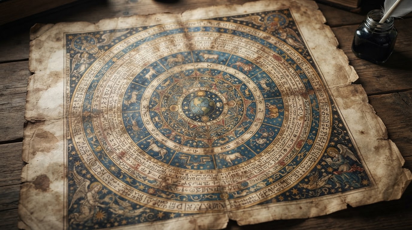 A medieval-style circular astronomical chart with diagrams evoking the twelve signs of the zodiac (AI-generated image)