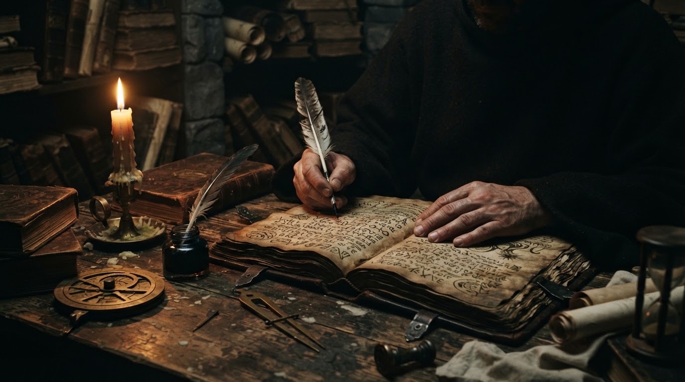 A medieval-style scholar's hands and desk, poring over an old unknown manuscript by candlelight (AI-generated image)