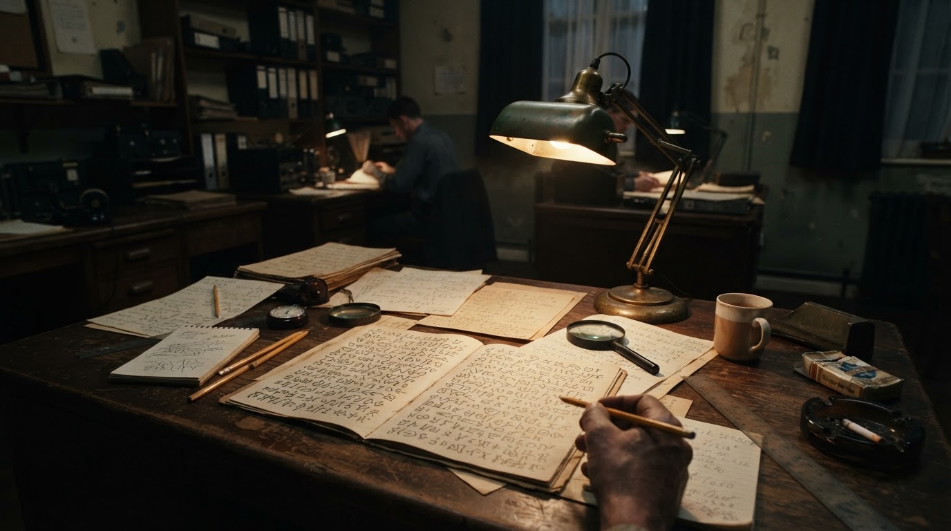 Papers and a manuscript facsimile on a worn desk, evoking a Second World War codebreaking room (AI-generated image)